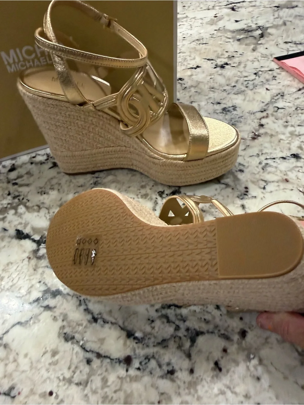 Michael Kors Metallic Gold MK Espadrille Wedge Sandals